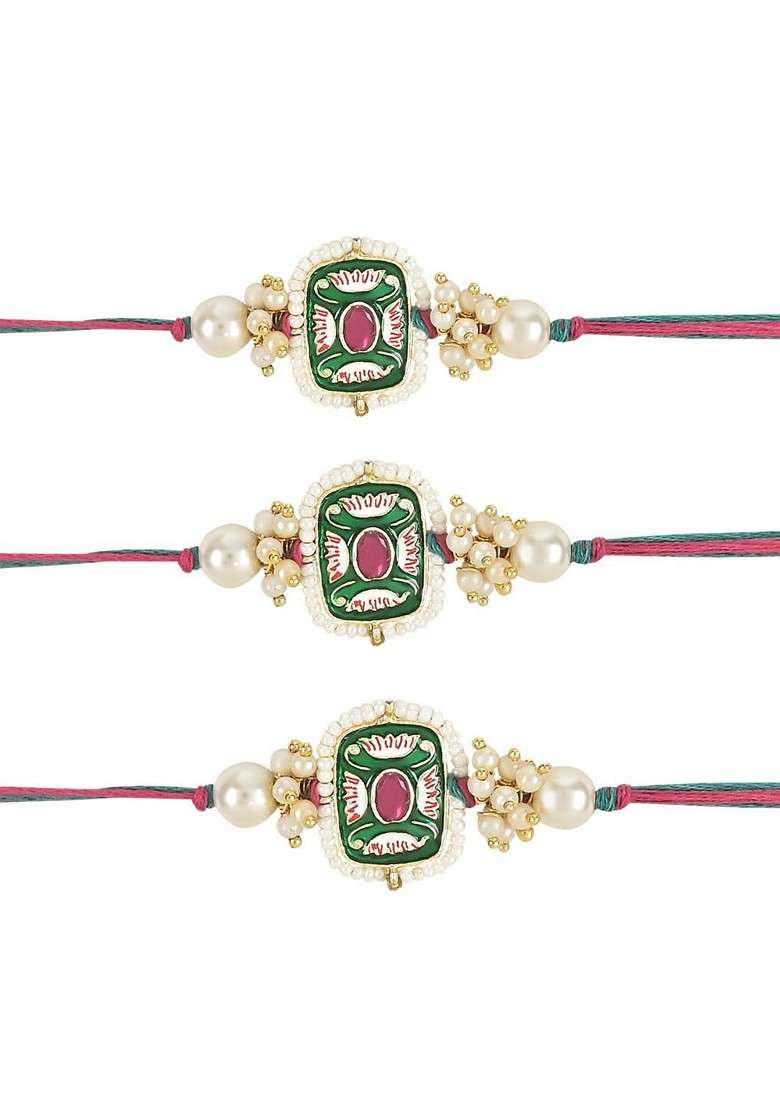 Set Of 3 Kundan Studded And Pearls Beaded Thread Rakhis - Indya
