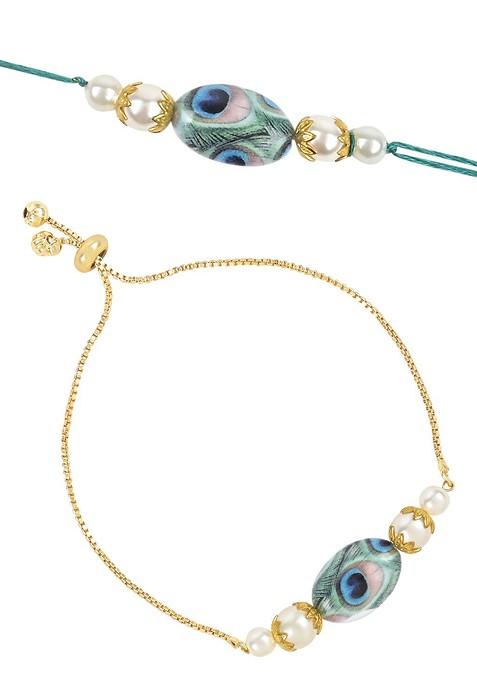 Set Of 2 Peacock Feather Beaded Bhaiya Bhabhi Rakhis