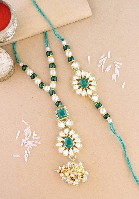 Set Of 2 Kundan Studded And Pearl Beaded Rakhi With Roli And Chawal