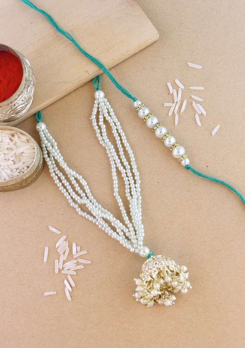 Set Of 2 Kundan Studded Hanging Lumba Rakhis - Indya