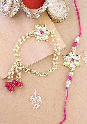 Set Of 2 Kundan Studded And Beaded Rakhis With Roli And Chawal