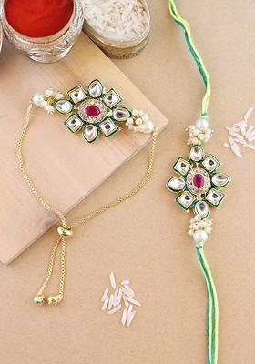 Set Of 2 Kundan Studded And Artificial Beaded Rakhi With Roli And Chawal