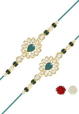 Set Of 2 Kundan Studded And Beaded Thread Rakhis With Roli And Chawal