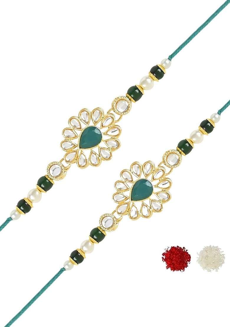 Set Of 2 Kundan Studded And Beaded Thread Rakhis With Roli And Chawal - Indya