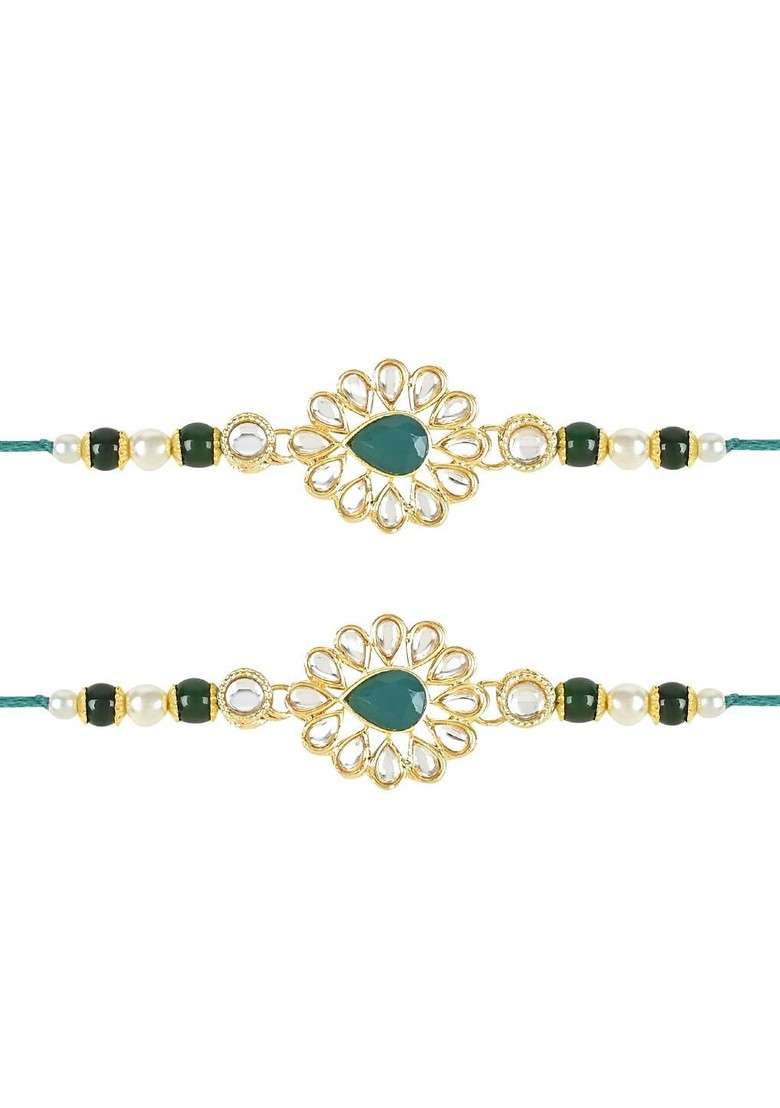 Set Of 2 Kundan Studded And Beaded Thread Rakhis With Roli And Chawal - Indya