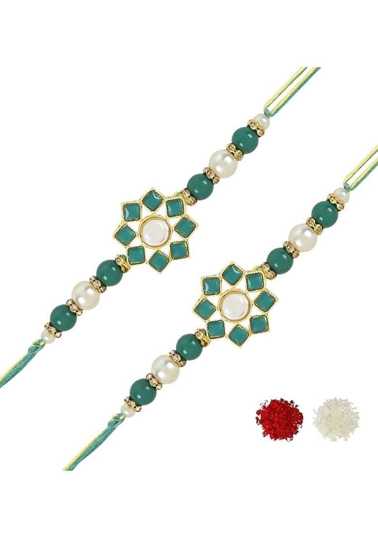 Set Of 2 Kundan Studded And Beaded Rakhis - Indya