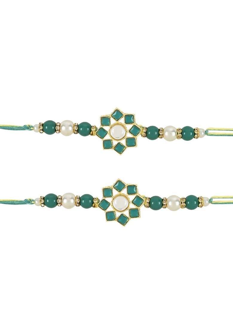 Set Of 2 Kundan Studded And Beaded Rakhis - Indya