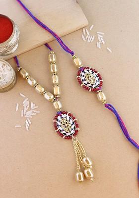 Set Of 2 Kundan Studded And Pearl Beaded Rakhi With Roli And Chawal