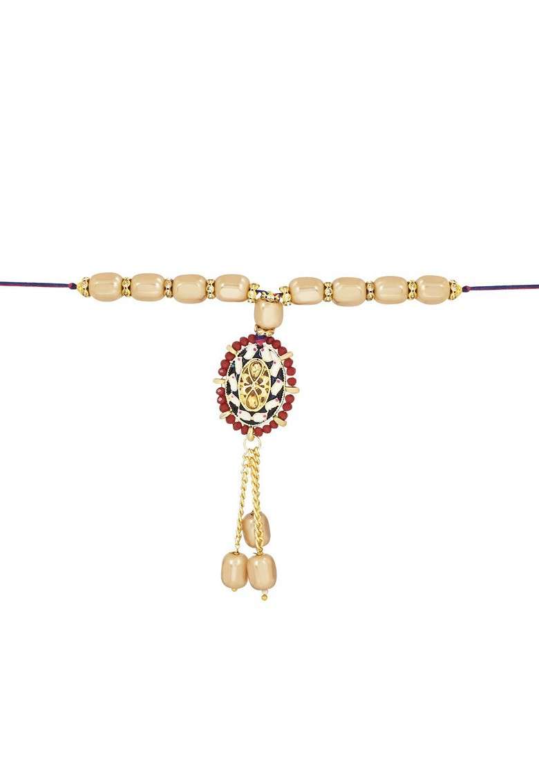 Set Of 2 Kundan Studded And Pearl Beaded Rakhi With Roli And Chawal - Indya