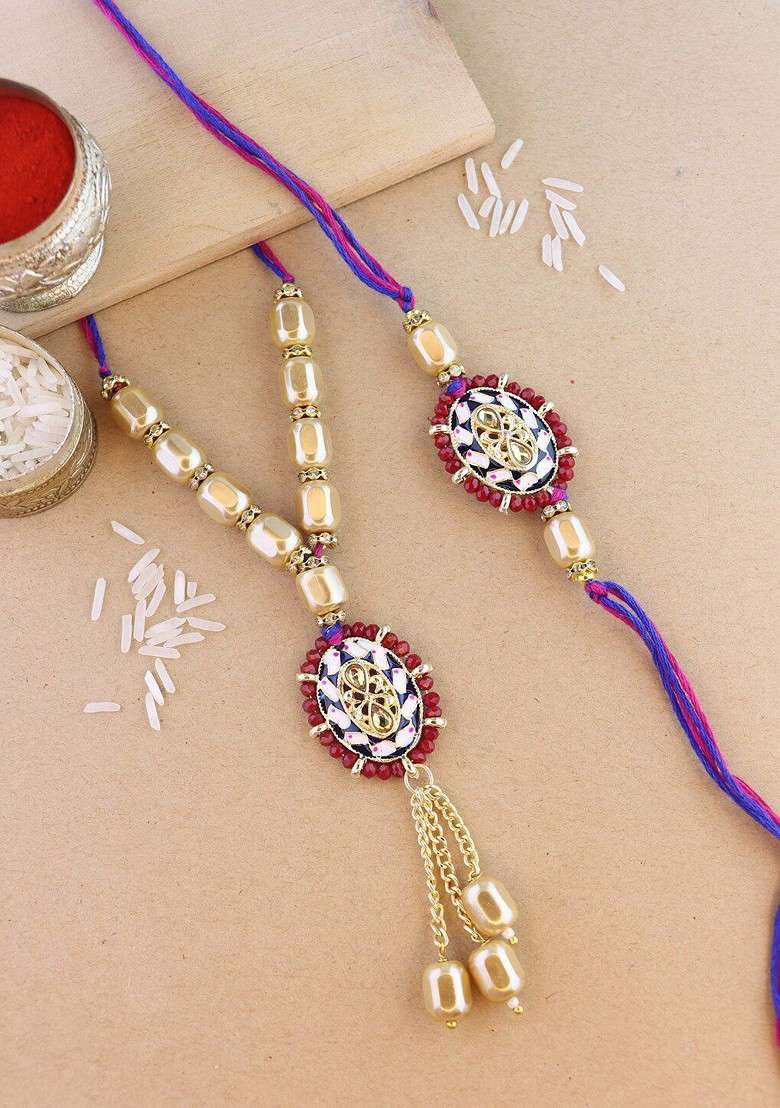 Set Of 2 Kundan Studded And Pearl Beaded Rakhi With Roli And Chawal - Indya