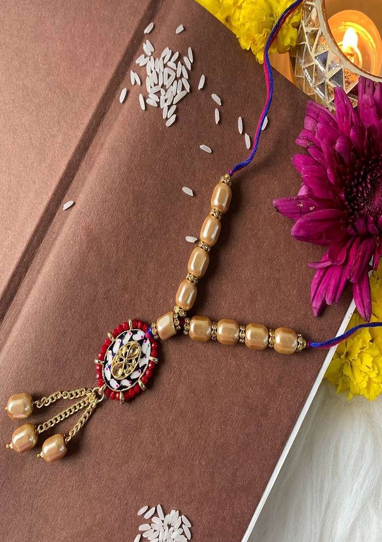 Women Pearls Beaded Lumba Hanging Thread Rakhi - Indya