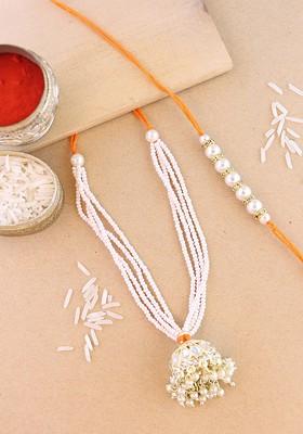 Set Of 2 Kundan Studded And Artificial Beaded Rakhi With Roli And Chawal