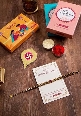 Gold Plated Stainless Steel Bracelet Rakhi With Greeting Card Roli Chawal