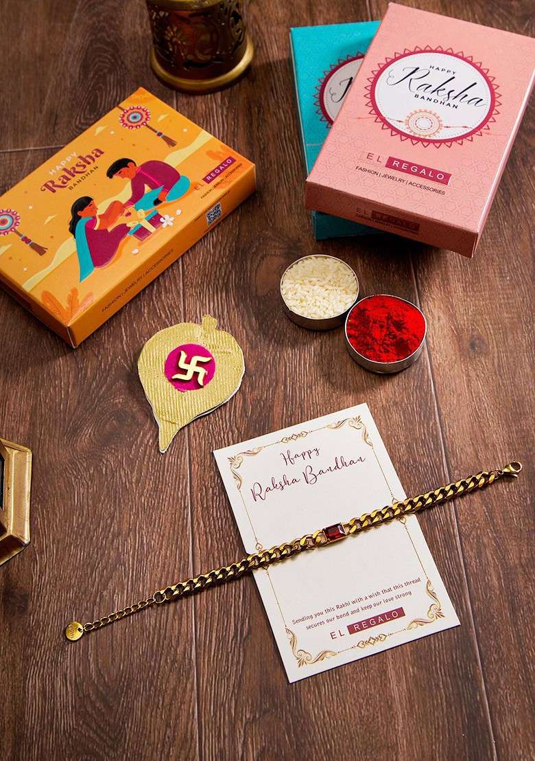 Gold Plated Stainless Steel Bracelet Rakhi With Greeting Card Roli Chawal - Indya