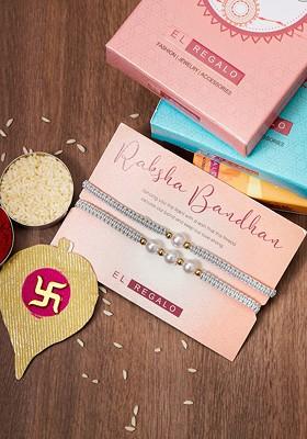 Set Of 2 Studded Bhaiya And Bhabhi Rakhi Combo With Roli Chawal