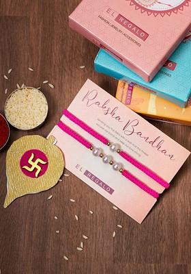 Set Of 2 Pearl Rakhi Combo For Bhaiya And Bhabhi With Roli Chawal