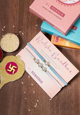 Set Of 2 Pearl Rakhi Combo For Bhaiya And Bhabhi With Roli Chawal