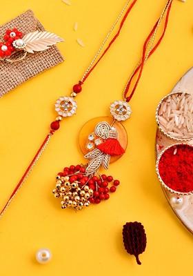 Set Of 2 Beaded Bhaiya Bhabhi Rakhi Set With Roli Chawal And Greeting Card