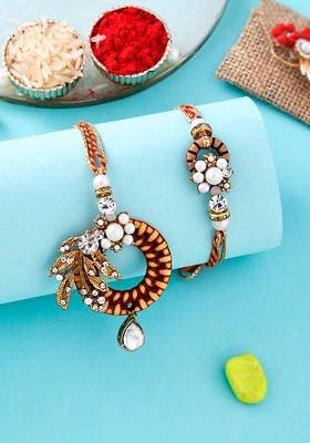 Set Of 2 Embellished Wooden Bhaiya Bhabhi Rakhi Set With Roli Chawal