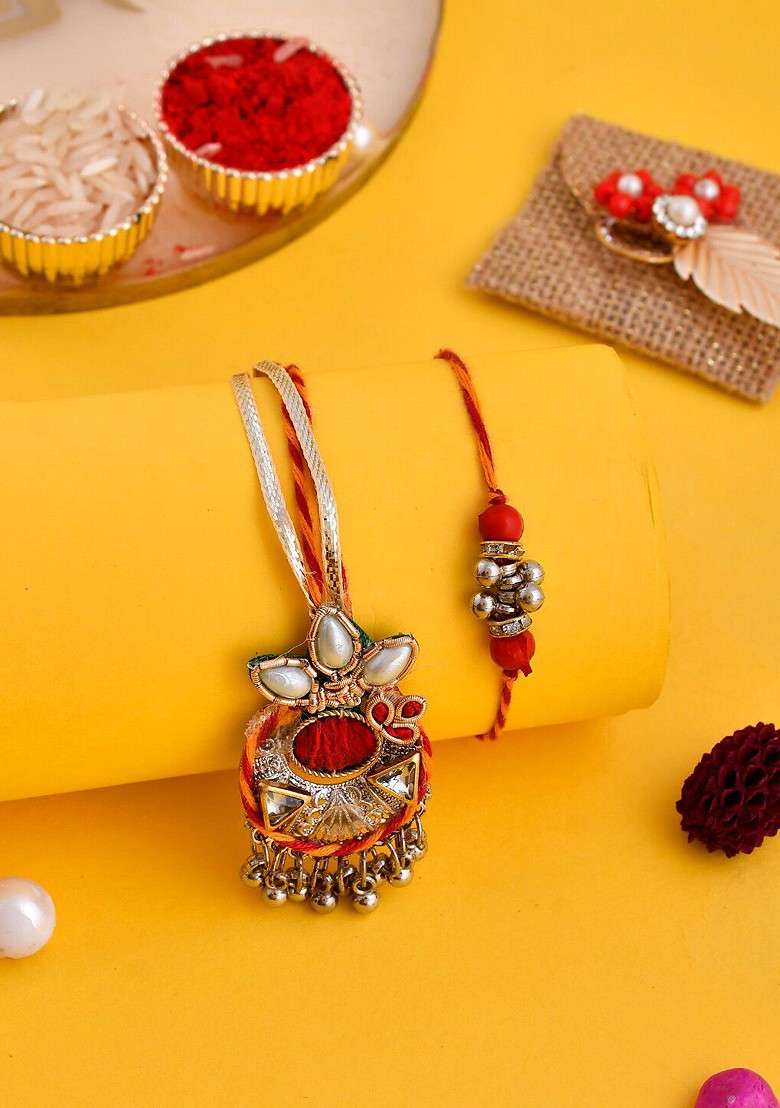 Set Of 2 Zardosi Design Bhaiya Bhabhi Rakhi With Roli And Chawal - Indya
