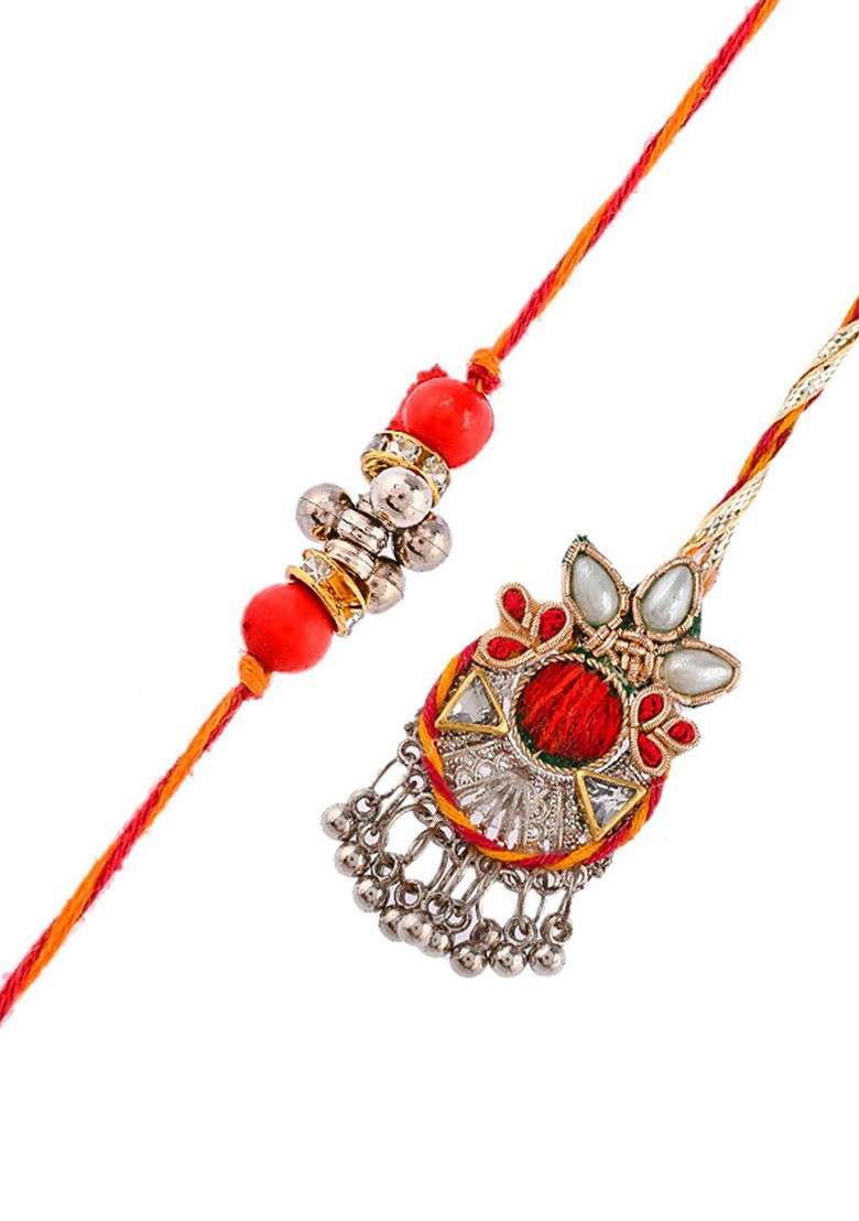 Set Of 2 Zardosi Design Bhaiya Bhabhi Rakhi With Roli And Chawal - Indya