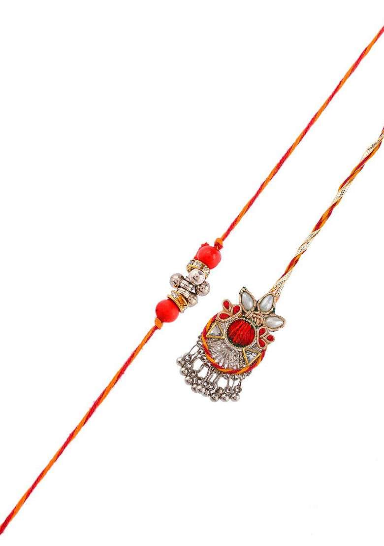 Set Of 2 Zardosi Design Bhaiya Bhabhi Rakhi With Roli And Chawal - Indya