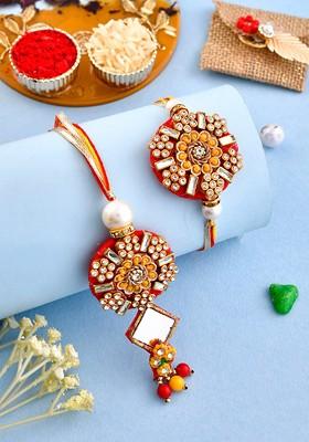 Set Of 2 Stone Studded Bhaiya Bhabhi Rakhi With Roli And Chawal
