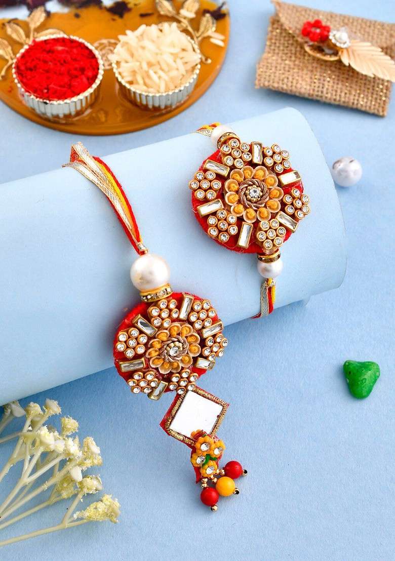 Set Of 2 Stone Studded Bhaiya Bhabhi Rakhi With Roli And Chawal - Indya