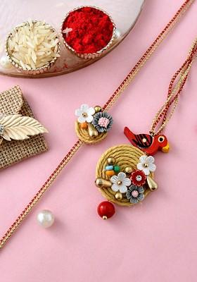 Set Of 2 Chirping Bird Bhaiya Bhabhi Rakhi With Roli And Chawal