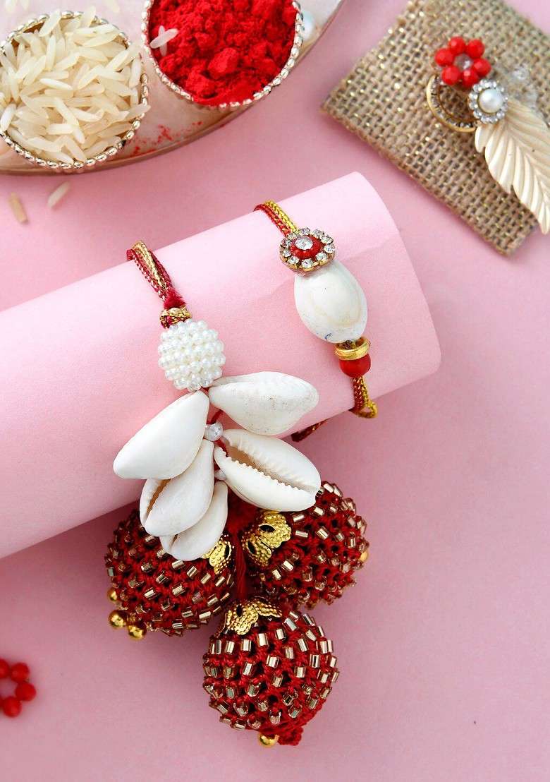 Unisex Set Of 2 Sea Shell Beaded Bhaiya Bhabhi Rakhis - Indya
