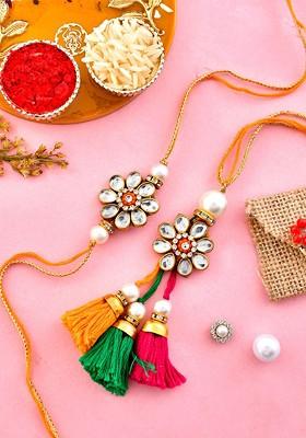 Unisex Set Of 2 Kundan Embellished Rakhi With Roli Rice And Greeting Card