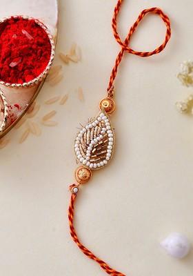 Teardrop Shaped Pearl Embellished Elegant Rakhi