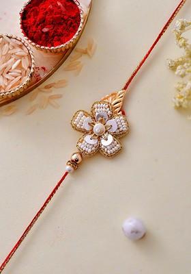 Gold Plated Pearl And Sequin Embellished Dazzling Floral Rakhi