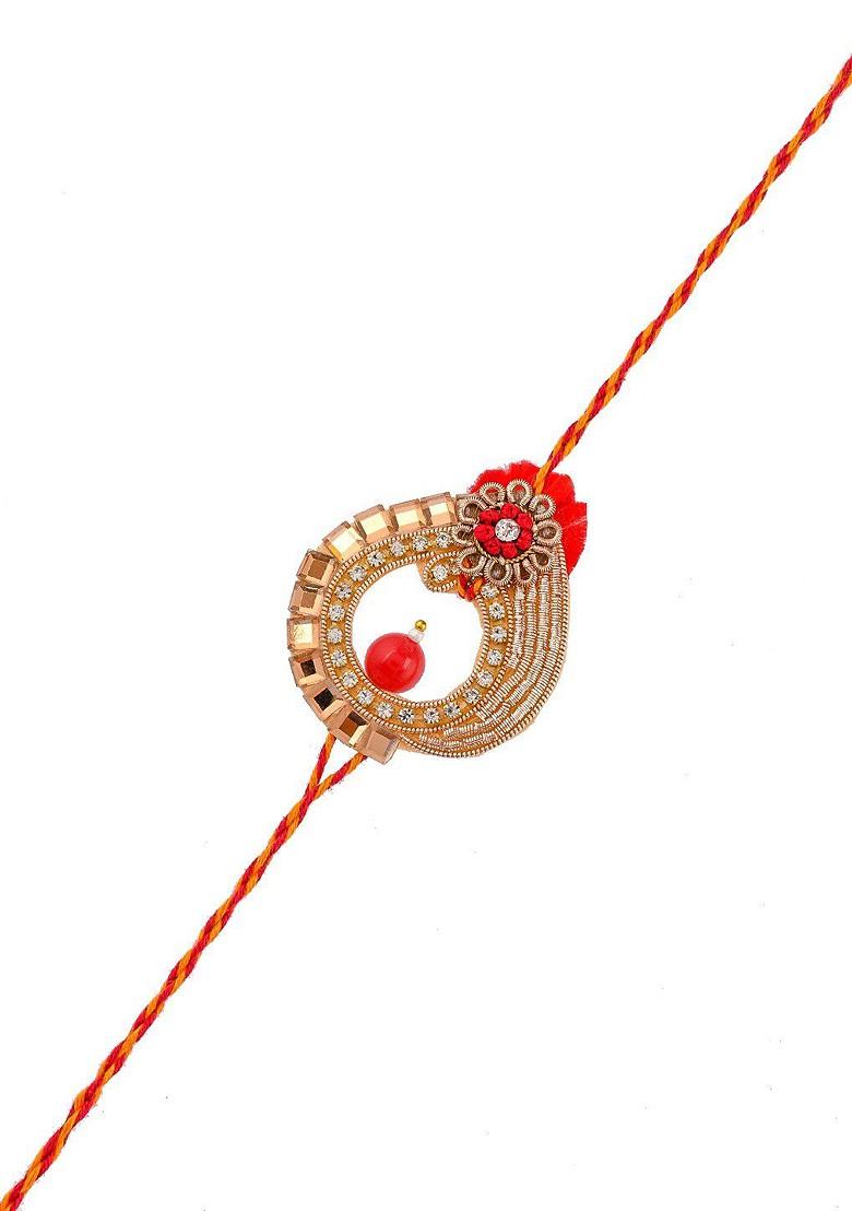 Gold Plated Kundan And Beads Embellished Royal Rakhi - Indya