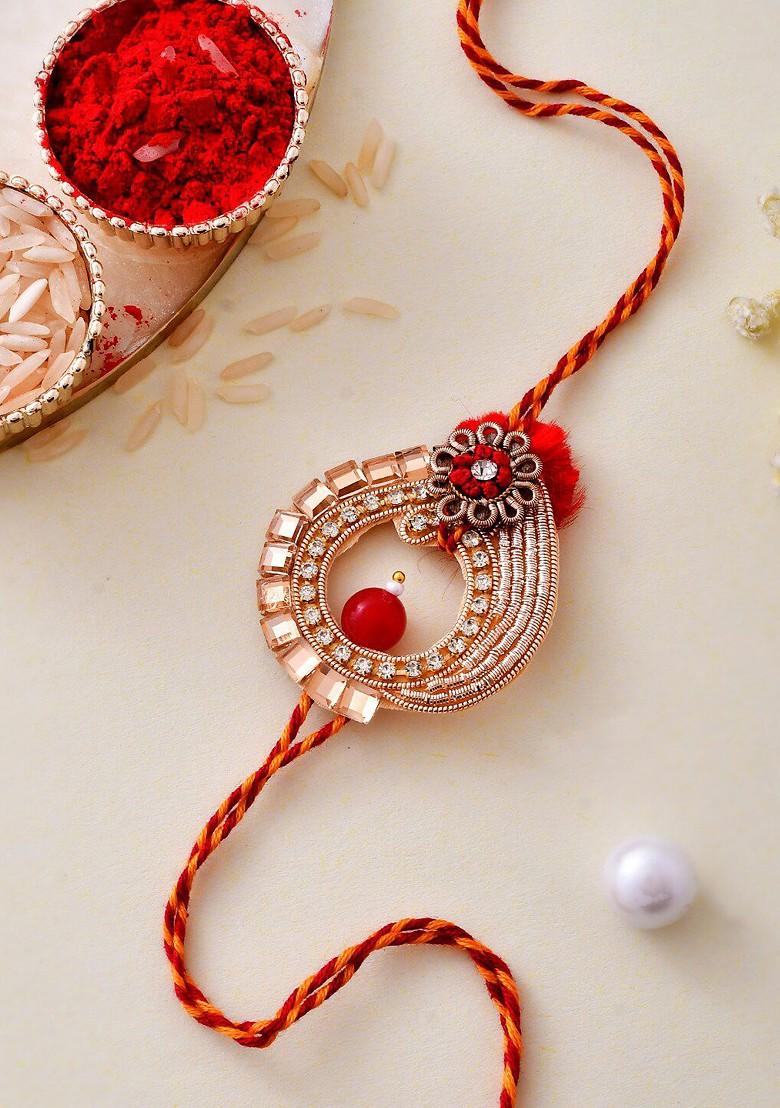 Gold Plated Kundan And Beads Embellished Royal Rakhi - Indya