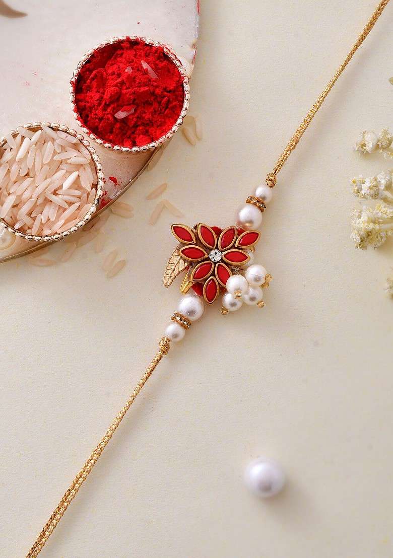 Stone Studded And Pearls Beaded Embellished Charm Rakhi - Indya
