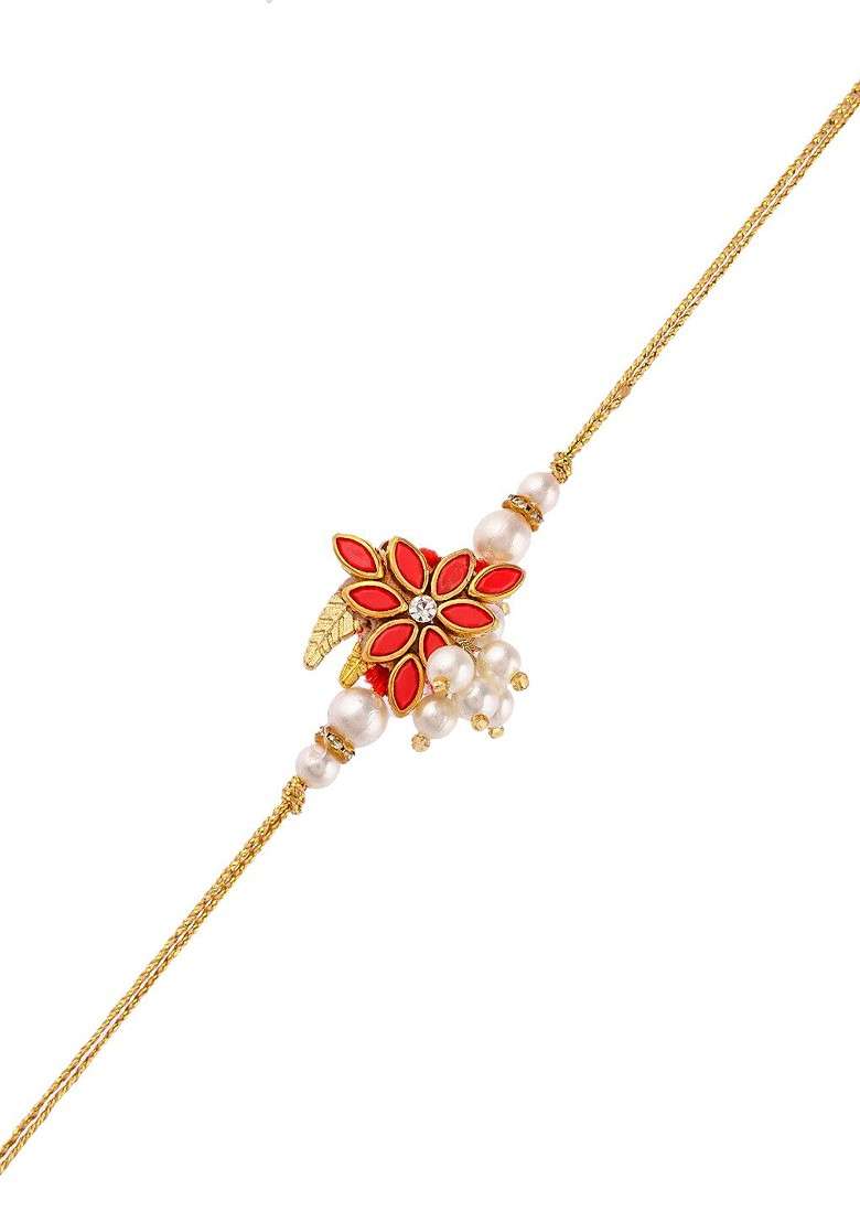 Stone Studded And Pearls Beaded Embellished Charm Rakhi - Indya
