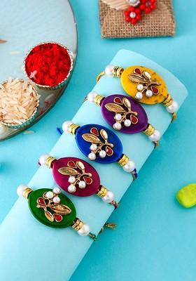 Set Of 5 Royal Rakhi With Roli Chawal And Greeting Card