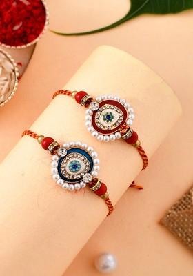 Unisex Set Of 2 Pearl And Kundan Rakhi With Roli Rice And Greeting Card