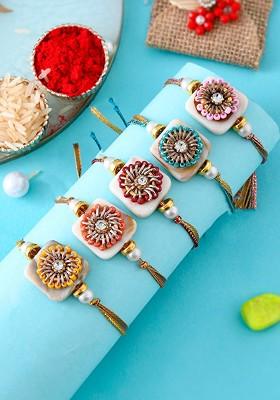 Set Of 5 Pearls And Beads Thread Resin Rakhis