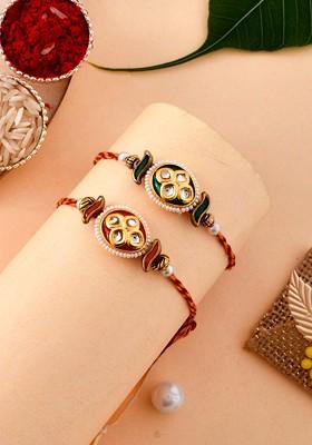 Set Of 2 Pearl And Kundan Couture Rakhi With Roli Rice And Greeting Card