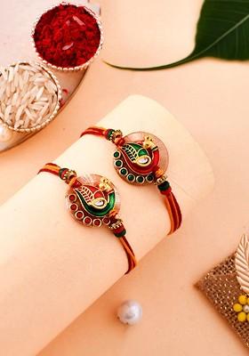 Set Of 2 Kundan Studded And Beaded Rakhi