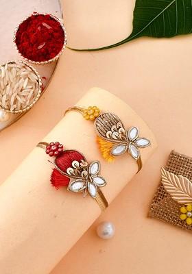 Set Of 2 Embellished Kundan Sparkling Resham Rakhi Set