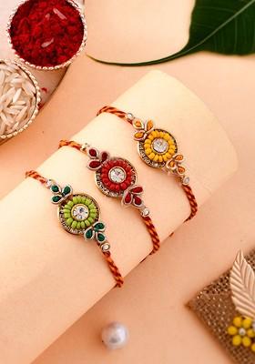 Set Of 3 Kundan Studded Thread Rakhis
