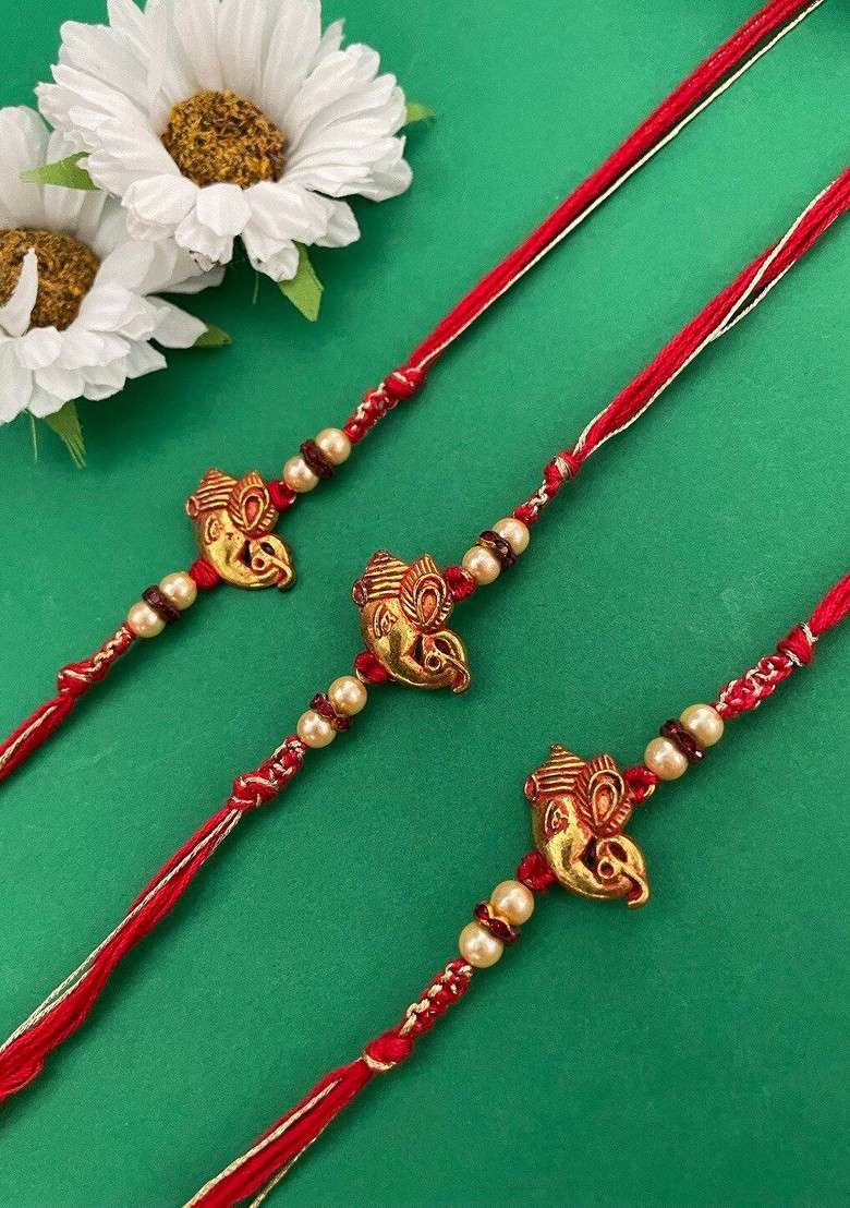 Set Of 3 Gold Plated Ganesh Charm And Pearls Beaded Rakhi - Indya
