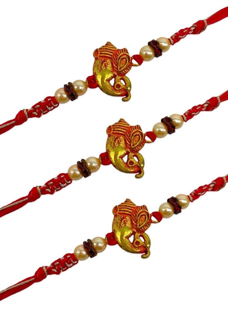 Set Of 3 Gold Plated Ganesh Charm And Pearls Beaded Rakhi - Indya