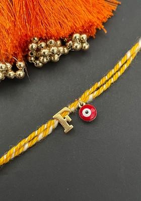 Gold Plated Letter F Initial And Evil Eye Charm Rakhi