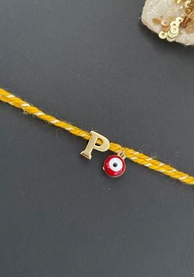 Gold Plated P Alphabet And Evil Eye Charm Rakhi