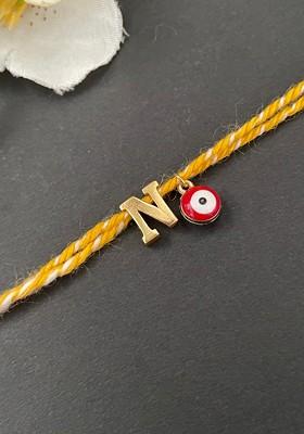 Gold Plated Letter "N And Evil Eye Charm Bracelet Rakhi