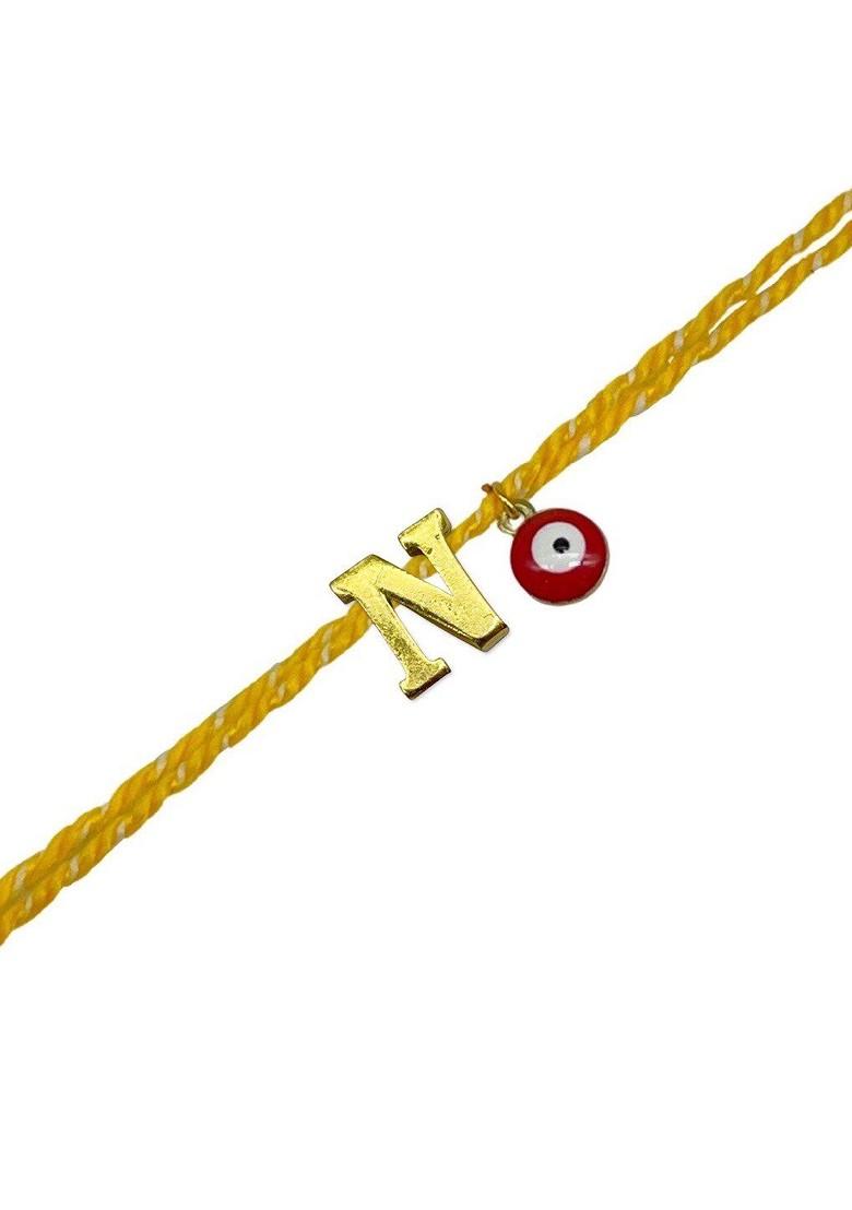 Gold Plated Letter "N And Evil Eye Charm Bracelet Rakhi - Indya